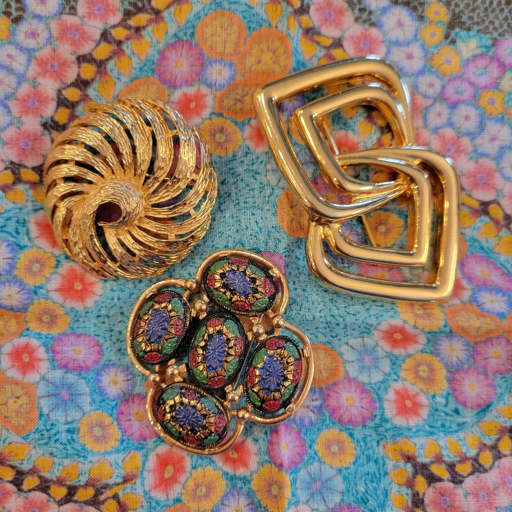 Trio of Brooches ~ Vintage ~ Sarah Coventry ~ Napier ~ Mosaic ~ Gold-Tone ~ Nice